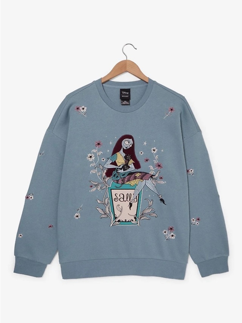 Disney Women's Dusty Blue Sally Embroidered Graphic Crewneck Sweater